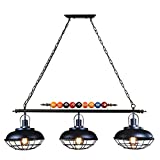 LAKIQ Industrial Hanging Island Lighting Fixture 3 Lights Vintage Pool Table Pendant Light Bowl Cage Shade with Billiard Ball Decoration for Kitchen Dining Table Gaming Room Restaurant