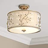 Crystal Buds Close to Ceiling Light Semi Flush Mount Fixture 16' Wide Antique Silver Beige Fabric Drum Shade for Bedroom Hallway Living Room Dining Room Bathroom Kitchen - Barnes and Ivy