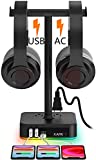 RGB Dual Headphone Stand with USB C Charger KAFRI Desk Gaming Double Headset Holder Hanger Rack with 3 USB Charging Port and 2 Outlet - Suitable for Gamer Desktop Table Game Earphone Accessories Gift