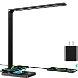 LED Desk Lamp with Wireless Charger, Eye-Caring Table Light Lamp with Adapter, USB Charging Port, Touch Control, 5 Brightness Levels, 30/60 min Auto Timer for Bedroom Bedside Office Study Reading