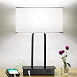 Bedside Touch Control Table Lamp with Dual USB Charging Ports 1 AC Outlet, 3 Way Dimmable Modern Nightstand Lamp with White Fabric Shade, Desk Lamp for Bedroom Living Room Office with 5000K LED Bulb