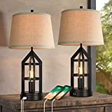 Farmhouse Table Lamps for Living Room Set of 2, 3-Way Dimmable Touch Control Bedside Lamps with 2 USB Charging Ports, Bedroom Reading Lamps for Nightstand, Rustic Home Decor, 4 LED Bulbs Included