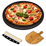 pentaQ Black Pizza Stone for Grill, 3 Pieces Pizza Stone Set with 15inch Pizza Baking Stone, Bamboo Pizza Peel & Rocker Blade Pizza Cutter, Pizza Stone for Oven Ceramic Coated Pizza Stone Kit.