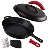 Cast Iron Skillet with Lid - 12'-inch Pre-Seasoned Covered Frying Pan Set + Silicone Handle & Lid Holders + Scraper/Cleaner - Indoor/Outdoor, Oven, Stovetop, Camping Fire, Grill Safe Kitchen Cookware