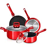 6 Pcs Pots and Pans Sets, Nonstick Cookware Set, Induction Pan Set, Chemical-Free Kitchen Sets, Stone-Derived Coating, Saucepan, Stock Pot, Frying Pan, Red