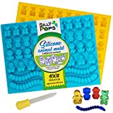 Gummy Bear Mold Bpa Free Silicone (Yellow, Blue) - Set of 2 for 86 Candies - 5 Different Types of Animals - Dropper Included - Candy Molds, Gummy Worm Mold, Chocolate Molds, Gelatin Molds, Ice Cube