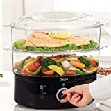 BELLA Two Tier Food Steamer, Healthy, Fast Simultaneous Cooking, Stackable Baskets for Vegetables or Meats, Rice/Grains Tray, Auto Shutoff & Boil Dry Protection, 7.4 QT, Black