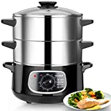 Secura 2 Stainless Steel Food Steamer 8.5 Qt Electric Glass Lid Vegetable Steamer Double Tiered Stackable Baskets with Timer