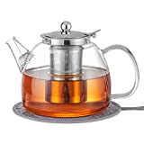 45oz/1350ml Glass Teapot with Removable Infuser & Spout Filter & Coaster, Loose Leaf and Blooming Tea Maker, Stovetop & Microwave Safe Borosilicate Glass Tea Kettle (Silicone Coaster)