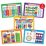 Simply Magic 5 Placemats for Kids - Kids Placemats Non Slip, Washable Reusable Toddler Placemats, Educational Placemats: Money, Numbers, Weather and Seasons, Calendar, Time, Plastic Placemats for Kids