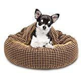 FURTIME Small Dog Bed Cat Bed with Blanket Attached, 23/26 inch Cozy Cuddler Orthopedic Calming Cave Hooded Pet Bed, Round Donut Anti-Anxiety Dog Bed for Small Dogs or Cats Washable,Anti-Slip Bottom