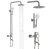 Stainless Steel SUS304 Silver Shower faucet Set Wall Mount Triple Function Shower System 8 inches Shower Head Bathroom Adjustable Hand Spray Rainfall Brushed Nickel Shower Faucet Complete Set