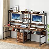 Tribesigns 94.5 inch Double Computer Desk with Hutch, Two Person Desk with Storage Shelves and File Drawer, Extra Long Office Desk with Monitor Stand Double Workstation for Home Office, Rustic Brown