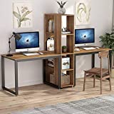 Tribesigns 91 inch Two Person Desk with Storage Shelves,Extra Long Double Desk with Bookshelf,2 Person Computer Desk Double Workstation Desk for Home Office (Dark Walnut)