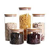 Stackable Kitchen Canisters Set, Pack of 5 Clear Glass Food Storage Jars Containers with Airtight Bamboo Lid for Candy, Cookie, Rice, Sugar, Flour, Pasta, Nuts