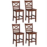 COSTWAY Bar Stools Set of 4, 25'' Antique Kitchen Counter Height Chairs with Wooden X-Shaped Backrest & Rubber Wood Legs, Suitable for Home, Cafe Store, Restaurant (4)