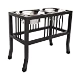 Baron Double Bowl Elevated Diner - 18' Tall - Raised Dog Feeder - Color: Black - Great for Large / XL Breeds - Best Pet Food and Water Bowls - Non-Skid Legs - Metal/Steel - Stainless Steel Bowls