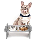 Dog Feeding Station - Adjustable Elevated Dog Bowl - Stainless Steel Dog Bowls with Wooden Stand - Raised Feeder Bowls - Lifted Dog Bowl - Includes Stand with Tilted Angles, Dog Food & Water Bowl Set