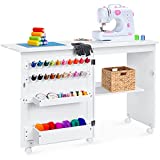 Best Choice Products Folding Sewing Table Multipurpose Craft Station & Side Desk with Compact Design, Wheels, Shelves, Bins, Pegs, Magnetic Doors, Metal Doorknobs - White