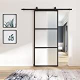 BARNSMITH 36in x 84in Frosted Glass Barn Door with 6FT Top Mounted Hardware kit Soft Close Mechanism Black Carbon Steel Tempered Modern Frosted Glass Sliding Door Assemble Required Easy Installation
