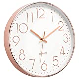 Foxtop Modern Wall Clock 12 Inch Non-Ticking Rose Gold Wall Clock Silent Battery Operated Round Quartz Clock for Living Room Bedroom Home Office School Decor