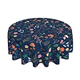 Spring Floral Tablecloth Round 60 Inches Farmhouse Navy Blue Background Wildflower Round Tablecloth Polyester Washable Table Cover Table Cloth for Kitchen Dining Room Picnic Patio Party