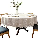 Heavy Weight Cotton Linen Tablecloth, Plaid Tassel Round Table Cover for Kitchen Dining Room Tabletop Decorations, Round - 48', Beige