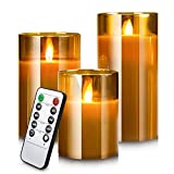 YFYTRE Led Flameless Candles, Battery Operated Real Pillar Wax Flickering Moving Wick Effect Glod Glass Candle Set with Remote Control Cycling Timer, 4 inch, 5 inch, 6 inch, Pack of 3