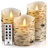 Comenzar Flickering Candles, Candles Birch Set of 3 (H: 4' 5' 6' x D: 3.25')Birch Bark Battery Candles Real Wax Pillar with Remote Timer