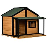 PawHut Outdoor Dog House Cabin Style, Wooden Raised Pet Kennel with Asphalt Roof, Front Door, Side Window, Porch for Medium/Large Dogs, Loading 53 Lbs, Yellow