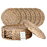Wovanna Woven Placemats for Dining Table - Set of 6 Adorable Thick Rustic Round Kitchen Placemats with Decorative Round Holder – All Natural Wicker Tablemats Hand-Braided from Water Hyacinth, 11.8'