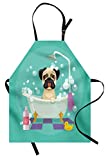 Lunarable Cartoon Apron, Pug Dog in Bathtub Grooming Salon Service Shampoo Rubber Duck Pets in Style Image, Unisex Kitchen Bib with Adjustable Neck for Cooking Gardening, Adult Size, Teal