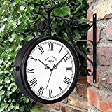 Double Sided Clock Waterproof Outdoor Clock for Patio, Garage, Area Antique Thermometer Look Train Station Clock Two Sided Clock for Indoors/Outdoors