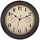 Foxtop Indoor Outdoor Waterproof Wall Clock with Thermometer and Hygrometer Combo, 12 inch Retro Silent Non-Ticking Battery Operated Quality Quartz Round Clock for Patio Home Decor (Bronze)