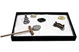 Nature's Mark Mini Zen Garden Kit for Desk with Rake, White Sand, Buddha Figures, Bridge Figure and River Rocks, Black Rectangle Base