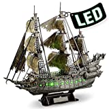 CubicFun 3D Puzzles for Adults Crafts for Adults Gifts for Men Women Green LED Flying Dutchman 360 Pieces Pirate Ship Family Games for Kids Adults, Lighting Ghost Ship Room and Home Decor Model Kits