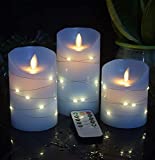 DANIP Sky Blue flameless Candle, Built-in Star String, 3 LED Candles, 10-Button Remote Control, 24-Hour Timer Function, Dancing Flame, Real Wax, Battery Powered. (Sky Blue)