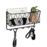 OROPY Entryway Mail Holder with Key Hooks, 10.8' L×3.1' W×6.1' H, Wall Mounted Matte Black Metal Wire Mesh Storage Basket with 5 Hooks, Easy to Organize Letters, Magazines, Keys, Leashes for Entryway