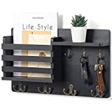 Nekon Mail Holder for Wall Mail Organizer with Key Hooks Hallway Farmhouse Decor Letter Sorter Made of Natural Pine with Floating Shelf and Flush Mount Hardware (16.8Inch x 10Inch x 3.2Inch) (Black)