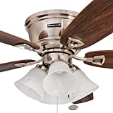 Honeywell 50182 Quick-2-Hang Hugger Ceiling Fan, 52” Dimmable LED White Swirled Marble Fixtures, Easy Installation Cimmeron/Walnut Blades, Brushed Nickel