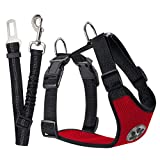 SlowTon Dog Car Harness Seatbelt Set, Dog Vest Harness Adjustable Mesh Breathable & Vehicle Safety Seat Belt Tether with Elastic Bungee for Small Medium Large Pets (R,M)