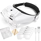 Dilzekui Head Mount Magnifier with LED Light, Rechargeable Headband Magnifier, Head-Mounted Magnifying Glass with 6 Detachable Lens, Handsfree Magnifying Glasses for Jewelers Loupe, Crafts, Repair