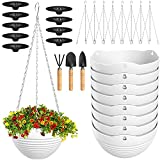 Hanging Planters, Set of 9 White Hanging Pots, 8' Hanging Flower Pots, Hanging Plant Pots Baskets with Drainage Plugs, Water Barrier and Hanging Chains, Come with Free Mini Garden Tools Set