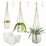 Bouqlife Macrame Plant Hangers with Pots Included No Tassel Set of 3 Indoor Hanging Planters Holder with Trays & Hooks 34' / 26' / 20'
