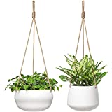 Mkono Ceramic Hanging Planter of Shallow 8 Inch and Deep 6 Inch for Indoor Outdoor Plants, Set of 2 Modern Plant Pot Geometric Porcelain Hanging Basket with Polyester Rope Hanger for Herbs Ferns Ivy