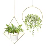 Mkono Boho Hanging Planter, Set of 2 Metal Plant Hanger with Plastic Pots, Modern Mid Century Flower Pot Plant Holder in Diamond and Circle Shape, Fits 6 Inch Planter (Plastic Pots Included), Gold