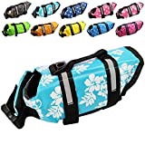 Dog Life Jacket Easy-Fit Adjustable Belt Pet Saver Swimming Safety Swimsuit Preserver with Reflective Stripes for Doggie (M, Flowers and Blue)