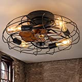DIDER 20'' Low Profile Caged Ceiling Fan with Lights Remote Control, Farmhouse Bladeless Ceiling Fan with Light, Bedroom Fan, Small Industrial Black Ceiling Light Fixture, Include Bulbs