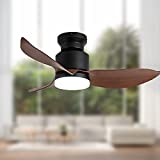 46'' Modern Small Flush Mount Ceiling Fan with Light and Remote, Low Profile Ceiling Fans with 3 Blades for Living Room/ Bedroom, Matte Black