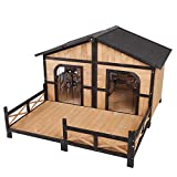 PawHut 59'x64'x39' Wood Large Dog House Cabin Style Elevated Pet Shelter w/Porch Deck Natural